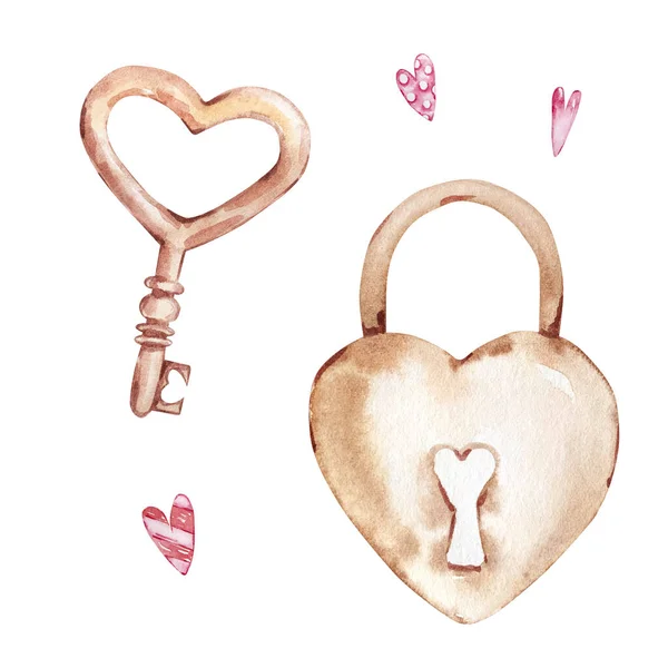 Set Acquerello Disegnato Mano Serratura Beige Chiave Forma Cuore Isolato — Foto Stock