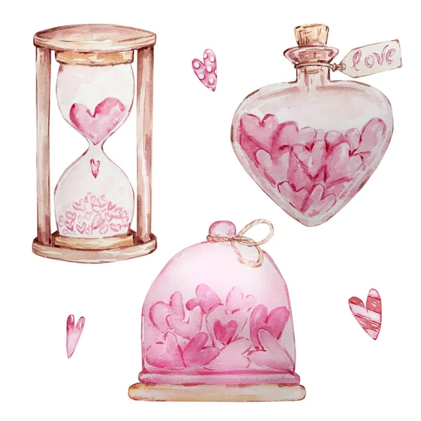 Watercolor hand drawn set of sweet hearts in a jar and hourglass isolated on white background for design of text, label, Valentine\'s Day