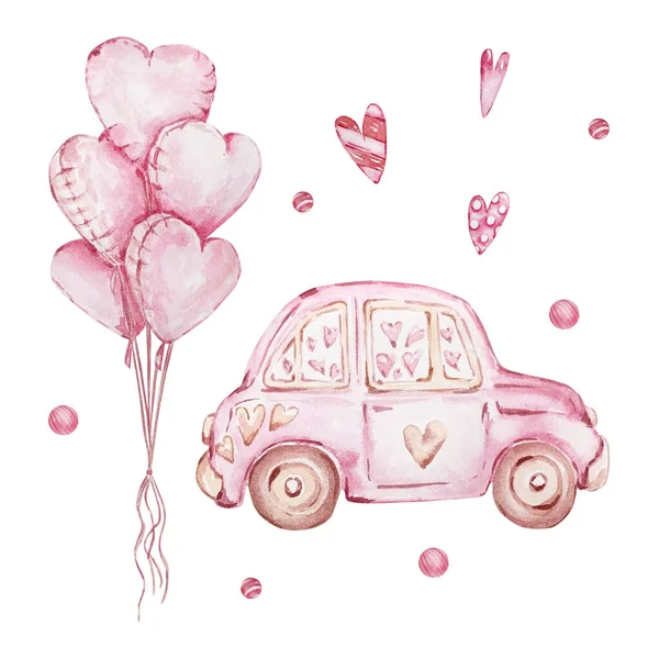 손으로 분홍색 자동차와 모양의 세트가 디자인 텍스트 발렌타인 데이등을 배경에 — 스톡 사진