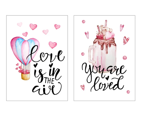 Set Von Glückwunschkarten Zum Valentinstag Mit Handgeschriebenen Grußbriefen Und Dekorativen — Stockfoto