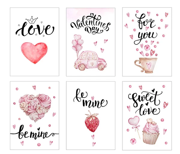 Set Valentine Day Greeting Cards Handwritten Greeting Letters Decorative Watercolor — Stock Photo, Image