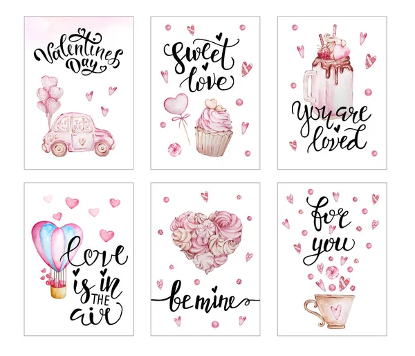 Set Valentine Day Greeting Cards Handwritten Greeting Letters Decorative Watercolor — Stock Photo, Image