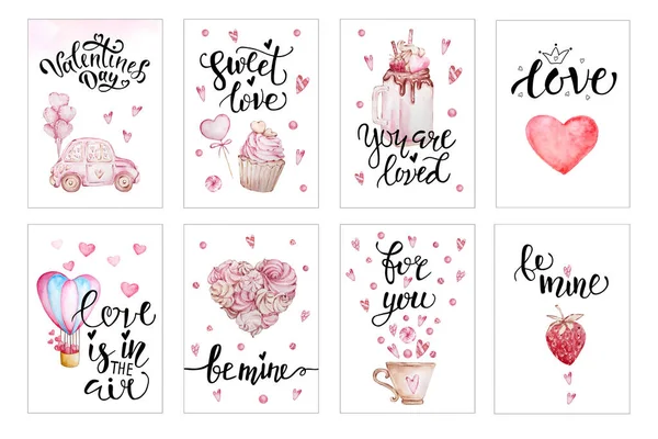 Set Von Glückwunschkarten Zum Valentinstag Mit Handgeschriebenen Grußbriefen Und Dekorativen — Stockfoto