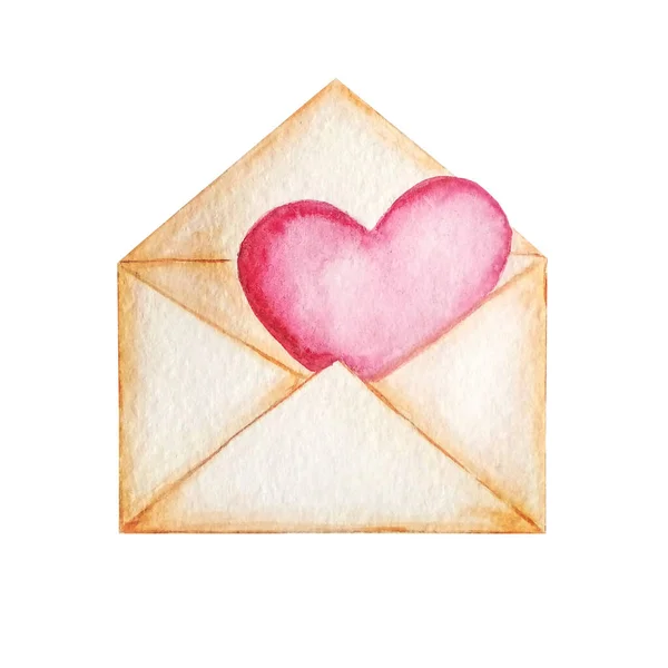 Różowa Koperta Różowym Sercem Arkusz Papieru Wiadomość Miłosna Zamknij Akwarelową — Zdjęcie stockowe
