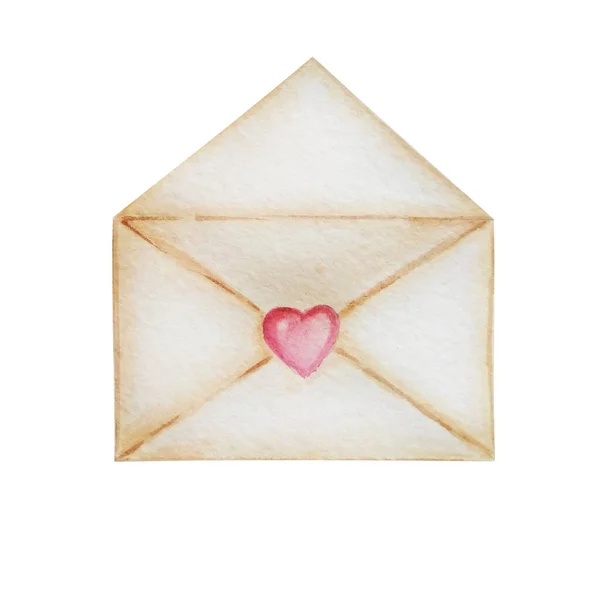Béžová Vinobraní Otevřená Obálka Malým Srdcem List Papíru Milostný Vzkaz — Stock fotografie