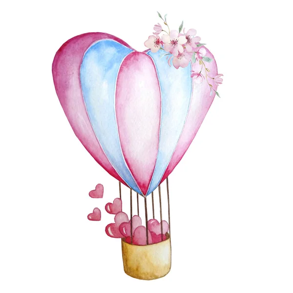 Palloncino Forma Cuore Con Strisce Rosa Blu Viaggiare Con Cesto — Foto Stock