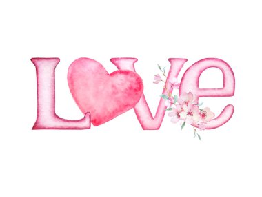 Suluboya çizimi. Pembe mektuplar beyaz bir arka planda sakura çiçekleri ve sevgililer günü için pembe bir kalple çok sevilir..