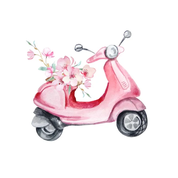 Pembe bahar çiçekleriyle suluboya pembe retro scooter. Eski tarz. Tebrik etmek için tasarlanmış, romantik, bahar kartpostalları. El çizimi suluboya çizimi.