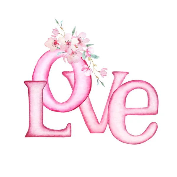 Illustration Aquarellstil Rosa Buchstaben Liebe Auf Weißem Hintergrund Mit Zarten — Stockfoto