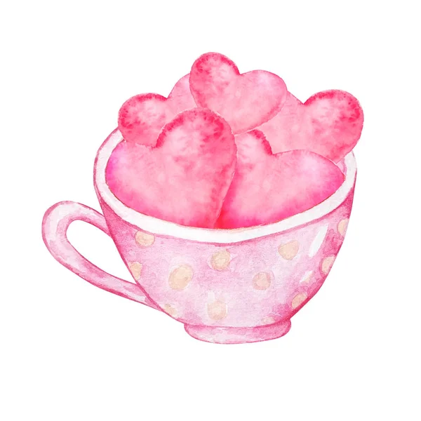 Aquarell Rosa Tasse Mit Herzen Innen Handgemachte Skizze Design Für — Stockfoto