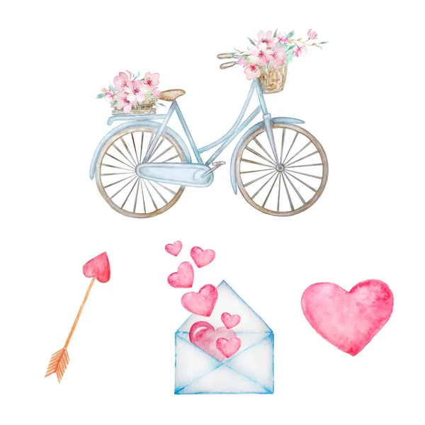 Aquarell Set Von Elementen Für Den Valentinstag Fahrrad Briefumschlag Pfeil — Stockfoto