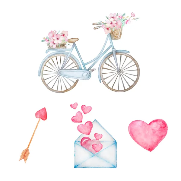 Set Acquerello Elementi San Valentino Bicicletta Busta Freccia Altri Oggetti — Foto Stock