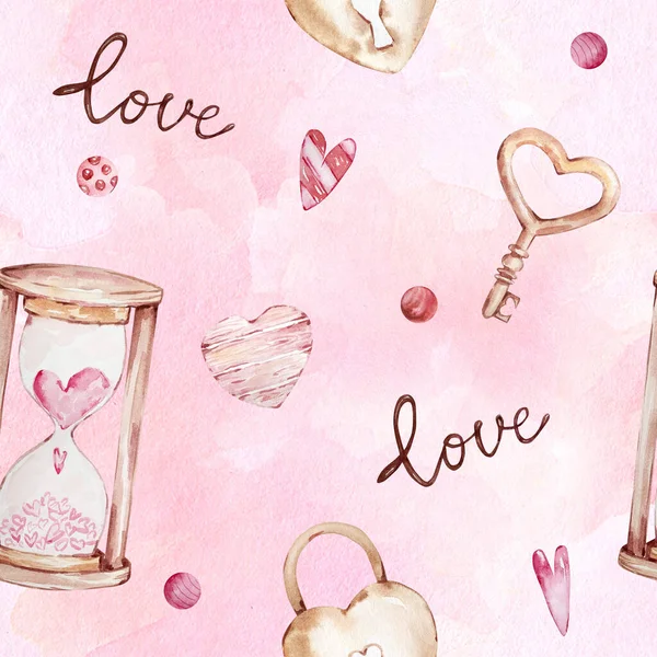 Aquarell Nahtloses Muster Mit Elementen Für Den Valentinstag Auf Rosa — Stockfoto