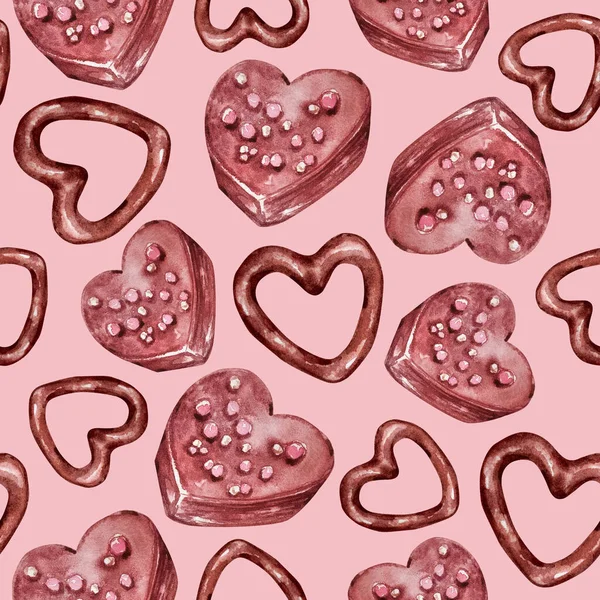 Aquarel Naadloos Patroon Met Elementen Voor Valentijnsdag Een Roze Achtergrond — Stockfoto