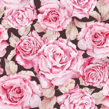 Karanlık bir arka planda Sevgililer Günü için elementlerle suluboya desenleri. Bej yapraklı vitage gülleri.