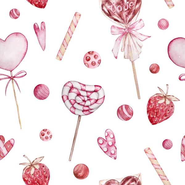 Watercolor Seamless Pattern Elements Valentine Day White Background Sweets Strawberries — Stock Photo, Image