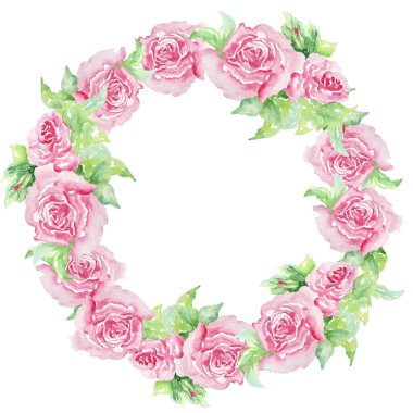 Pembe güllü suluboya davetiye tasarımı, yapraklar. Çiçek, çiçek elementli arka plan, botanik suluboya çizimi. Klasik şablon. Çelenk, yuvarlak çerçeveli