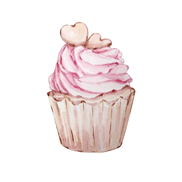Акварель Рисовал Десерт Кекс Розовым Кремом Сердца Изолированы Белом Фоне — стоковый вектор