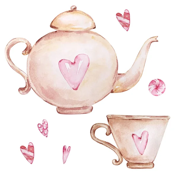 Watercolor Hand Drawn Set Beige Teapot Cup Pink Hearts Isolated — Stock Vector