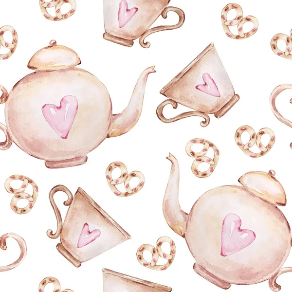 Watercolor Seamless Pattern Elements Valentine Day White Background Sweets Teapot — Stock Photo, Image