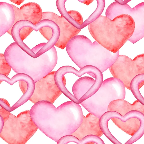 水彩画无缝图案 白色背景的情人节元素 粉红红心 — 图库照片
