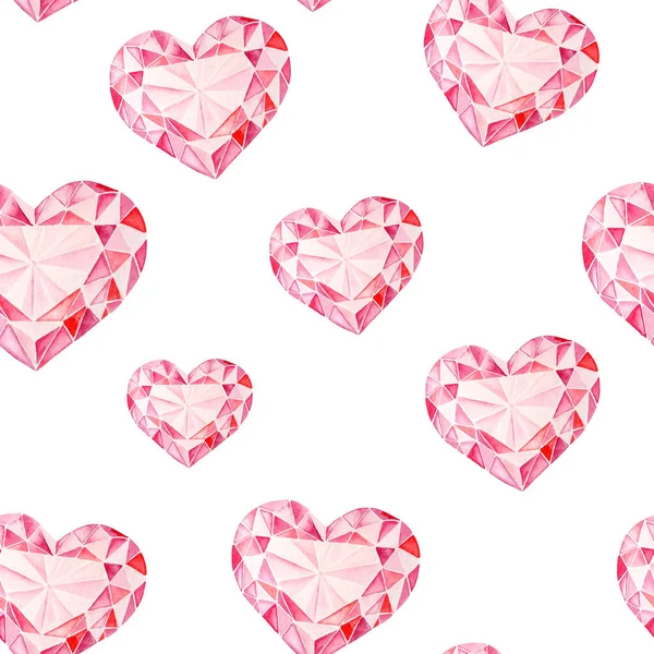 Wzór Bezszwowy Akwarela Elementami Walentynki Białym Tle Różowe Diamentowe Serca — Zdjęcie stockowe