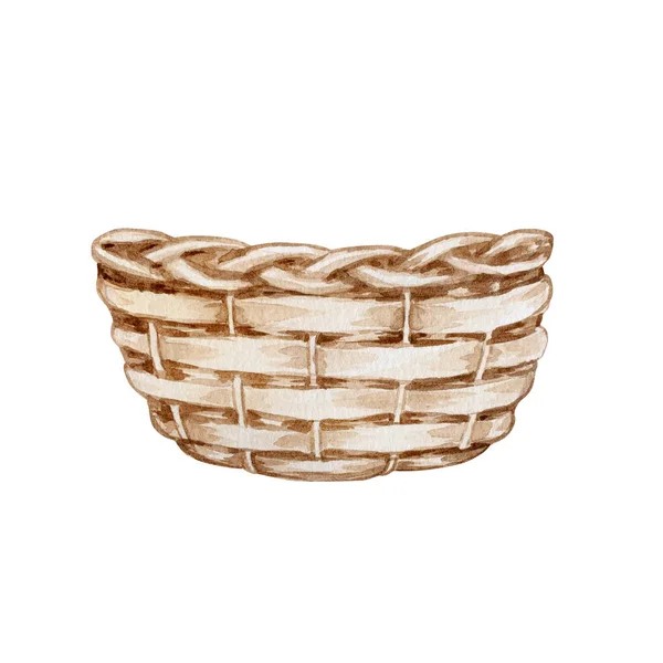Watercolor Illustration Empty Wicker Birch Bark Basket Isolated White Background — Stock Photo, Image