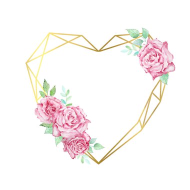 Suluboya boho çiçekli sevgililer günü. Yapraklı pembe güller ve kalp şeklinde altın geometrik çerçeve, düğün davetiyeleri için, tebrikler..