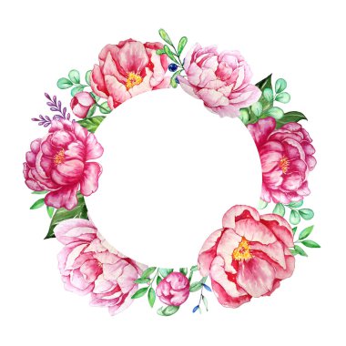 Sevgililer Günü için çiçek çelengi. Güzel şakayık ve elle çizilmiş suluboya yapraklı zarif çiçek koleksiyonu. Davetiye, düğün veya tebrik kartları için tasarım.