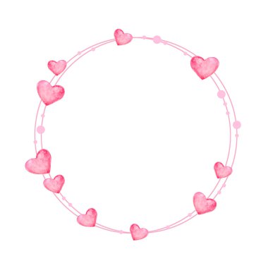 Sevgililer Günü için pembe çelenk. Suluboya resimli pembe kalpli zarif çiçek koleksiyonu. Davetiye, düğün veya tebrik kartları için tasarım.