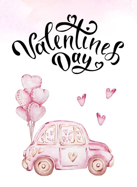 Valentinstag Grußkarte Mit Handgeschriebenen Grußbriefen Und Dekorativen Aquarellen Valentinstag Auto — Stockvektor
