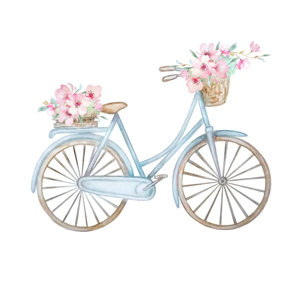 Illustration Aquarelle Dessinée Main Vélo Bleu Romantique Avec Panier Fleurs — Image vectorielle