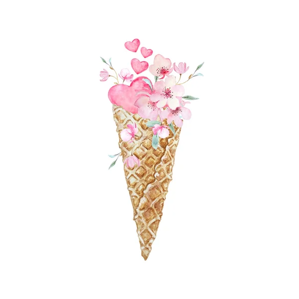 Watercolor Ice Cream Cone Delicate Spring Sakura Flowers Pink Hearts — Stock Vector