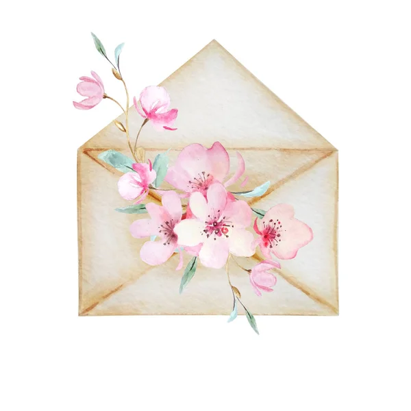 Beige Vintage Envelope Bouquet Spring Flowers Sheet Paper Love Message — Stock Vector
