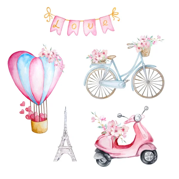 Ensemble Aquarelles Éléments Pour Saint Valentin Ballon Vélo Scooter Autres — Image vectorielle