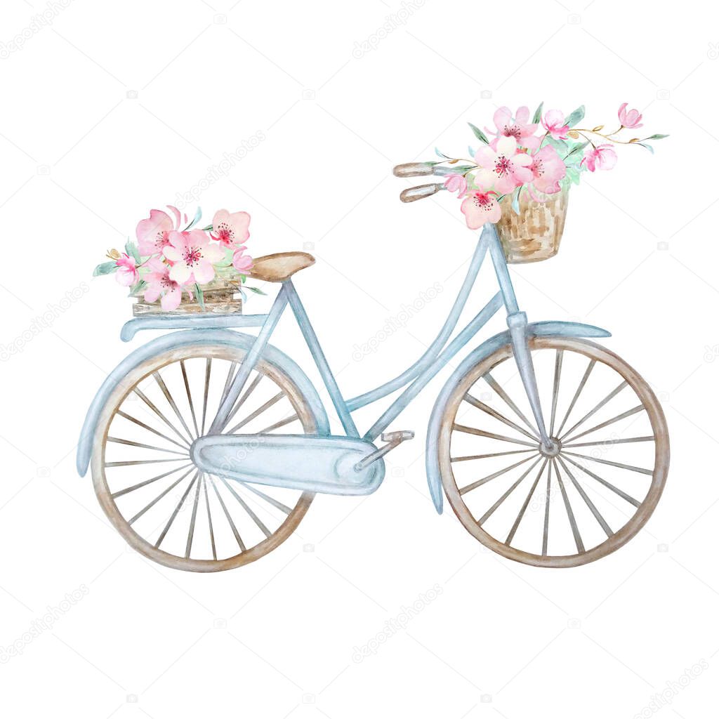 Hand drawn watercolor illustration - romantic blue bike with flower basket in pastel colors. City bike. Perfect for invitations, greeting cards, posters, prints.