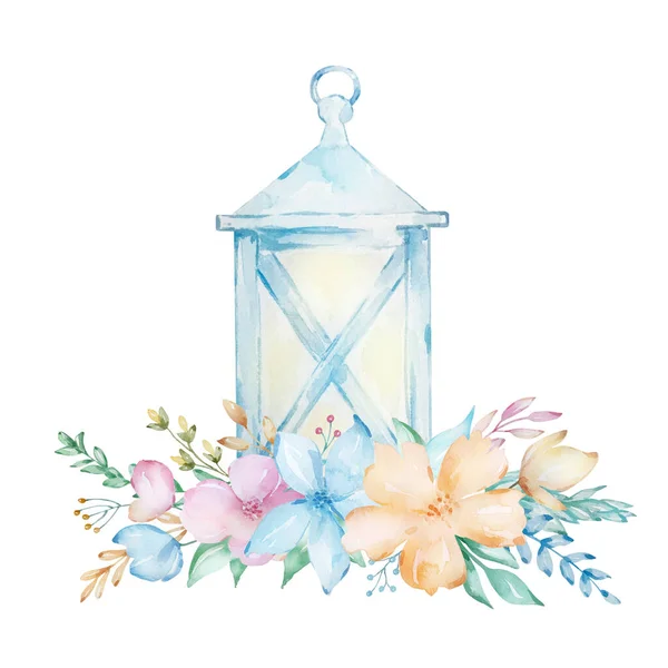 Aquarell Blaue Laterne Handbemalte Laterne Mit Einem Strauß Zarter Frühlingsblumen — Stockfoto