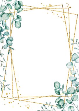 Suluboya okaliptüs çerçevesi. Gümüş dolar okaliptüs dalları, bahar yeşili ve beyaz üzerine izole edilmiş altın dikdörtgen çerçeveli el boyası çiçek çerçevesi.
