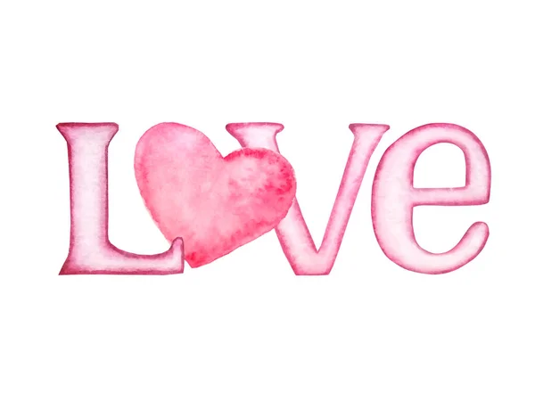 水彩画のイラスト ピンクの手紙バレンタインデーのデザインのための手紙Oの代わりに心を持つ白い背景に愛 — ストックベクタ