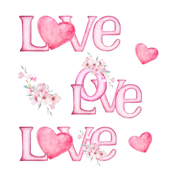 水彩イラストセット ピンクの手紙バレンタインデーのデザインのための手紙Oとピンクの花の代わりに心を持つ白い背景に愛 — ストックベクタ