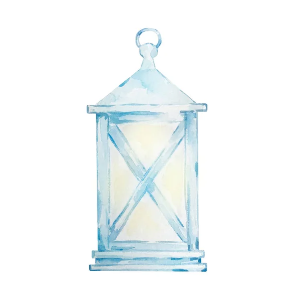 Lanterna Blu Acquerello Lanterna Dipinta Mano Sfondo Bianco Vintage Lampada — Foto Stock