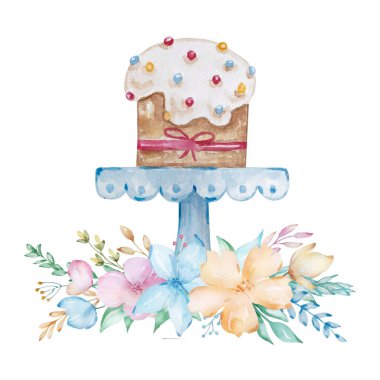 Beyaz jöleli Paskalya pastası ve bir buket bahar çiçeğiyle beyaz arka planda pembe bir fiyonk. Tebrik kartları, posterler, kumaşlar için Ortodoks bayram tasarımı. Lezzetli pasta.