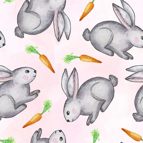 Easter watercolor seamless pattern with gray rabbits and carrots isolated on pink background. Template for greeting cards, wrapping paper, designer diaries, fabrics and wallpapers.