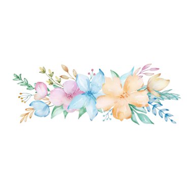 Bir buket narin bahar çiçeğinin suluboya kompozisyonu. Anneler Günü, Düğün, Doğum günü, Paskalya, Sevgililer Günü. Pastel gözlük. Bahar. Yaz.