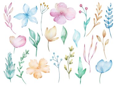 Yumuşak bahar çiçekleri, dallar ve yapraklar, pastel gölgeler. Tebrik kartı, düğün davetiyesi, doğum günü ve diğer tatil ve yaz arkaplanı tasarımı.