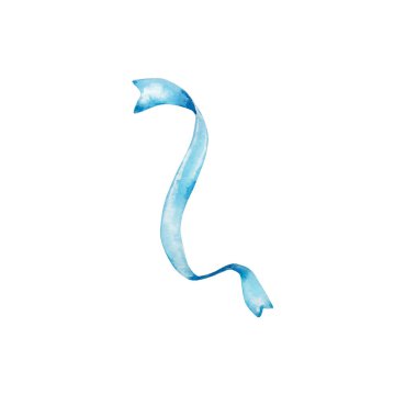 Suluboya mavi saten hediye kurdelesi. Beyaz arkaplanda elle boyanmış resimler izole edilmiş