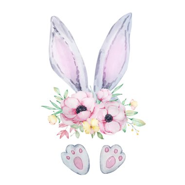 Beyaz arka planda bir buket şakayık çiçekli şirin gri ve beyaz Paskalya tavşanı kulakları ve pençelerinin suluboya çizimi. Paskalya kartları ve davetiyeler için tasarım.