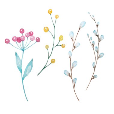 Söğüt dallarının suluboya çizimleri, sarı ve pembe yuvarlak çiçekli dallar, Paskalya bahar tatili, davetiye kartı, kartpostal.