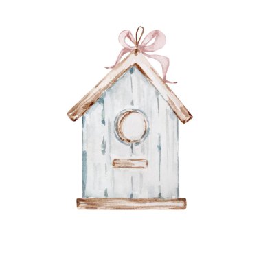 Suluboya kuşun mavi ahşap evi. Bahar çizimi beyaz arkaplanda izole edildi. Tasarım, baskı ve kumaş için resim. Paskalya şablonu.