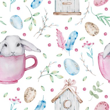 Easter watercolor seamless pattern. Gray cute bunny in a pink mug, birdhouse, feathers, pussy willow, branches, leaves and Easter eggs on a white background. Print, wallpaper for Easter.
